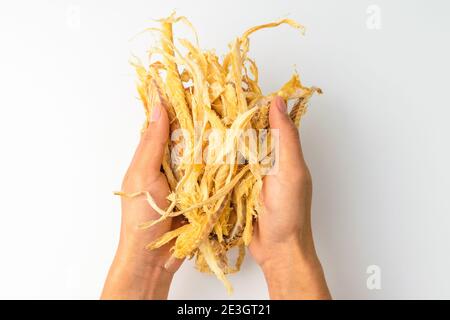 Getrockneter Pollack auf weißem Hintergrund Stockfoto