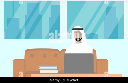 Arabischer Arbeiter mit Laptop zu Hause. Flaches Design, Vektor. Stock Vektor