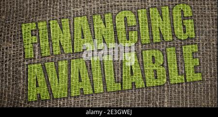 Finanzierung verfügbare Wörter auf burlap Leinwand gedruckt. Startup-Konzept für kleine Unternehmen. Stockfoto