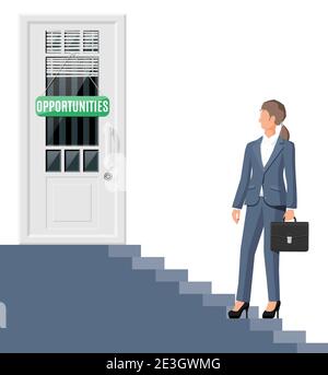 Geschäftsfrau, die vor einer geschlossenen Tür steht. Lösung, Erfolgskonzept, Zukunftskonzept, Erfolgskonzept. Öffnen Sie die Tür zu großen Chancen. Erfolg und Ziel. Flache Vektorgrafik Stock Vektor