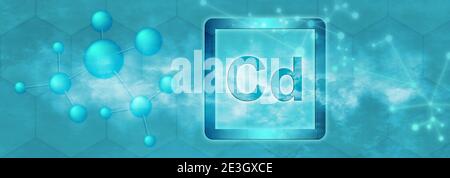 CD-Symbol. Cadmium chemisches Element mit Molekül und Netzwerk auf blauem Hintergrund Stockfoto