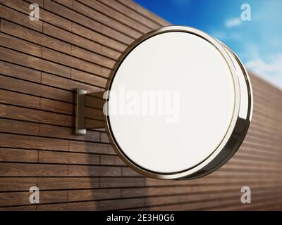 An der Wand befestigte leere runde Tafel. 3D-Illustration. Stockfoto