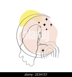 Einzeilige Zeichnung des Frauenportraits mit Mond und Sternen Auf abstraktem, geometrisch neutralem Hintergrund Stock Vektor