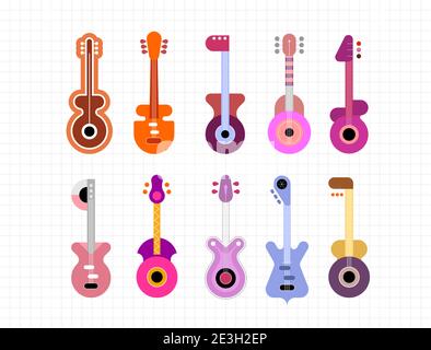 Set aus zehn verschiedenen mehrfarbigen Gitarren auf weißem Rasterhintergrund. Elektrische und akustische Gitarren. Stock Vektor