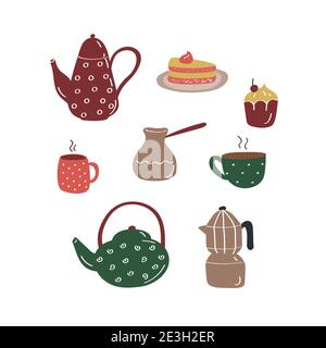 Wasserkocher, Teekanne, türkische und Geysir-Kaffeemaschine, Kuchen. Niedliches Icon-Set. Flache Vektorschilder Stock Vektor