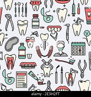 Nahtlose Muster mit Linie Zahnmedizin Symbole. Flache Vektorelemente für den Dentalbereich. Stock Vektor