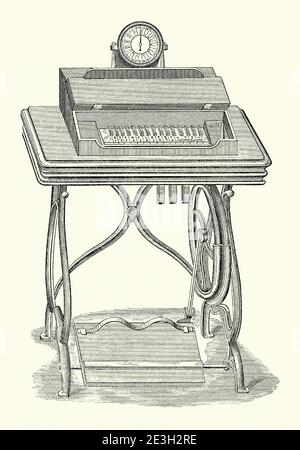 Eine alte Gravur eines Druck-Telegrafenständers, entworfen von George L anders. Es ist aus einem Maschinenbaubuch der 1880s. Der Ständer hat eine Tastatur und sichtbares Zifferblatt oder Schriftrad. Das Typenrad am sendenden Ende wurde mit einem ähnlichen Rad am empfangenden Ende synchronisiert. Beim Drücken der Zeichentaste an der Home Station wurde Er betätigte das Schriftrad an der entfernten Station genauso, wie sich dasselbe Zeichen in die Druckposition bewegte – ein Beispiel für ein synchrones Datenübertragungssystem. Wenn die Übertragung von Energie an den elektrischen Magneten durch das Fußpedel zur Verfügung gestellt wurde. Stockfoto