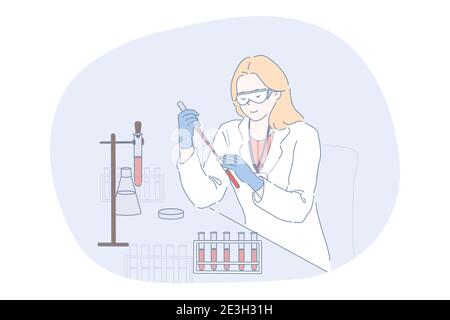 Wissenschaft, Chemie, Coronavirus, Analyse, Experimentkonzept. Frau Gelehrte medizinische Laborarbeiterin macht chemische Reaktion im Labor. Wissenschaftliche tes Stock Vektor