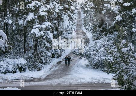 (210119) -- ATHEN, 19. Januar 2021 (Xinhua) -- Menschen gehen im Schnee am Beletsi-See in Athen, Griechenland, 17. Januar 2021. (Foto von Lefteris Partsalis/Xinhua) Stockfoto