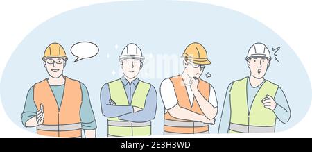 Engineering und Bauarbeiter Konzept. Männer professionelle Ingenieure, Erbauer und Manager Comic-Figuren in Schutzhelme und Uniform c Stock Vektor