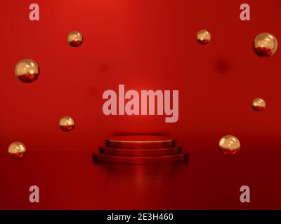 Rot goldenen Sockel Zylinder auf dem roten Boden Hintergrund und rote Tapete. Goldener Zylinder. 3d-Renderzylinder zur Produktanzeige. Stockfoto