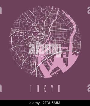 Kartenposter Tokio. Dekoratives Design Stadtplan von Tokyo Stadt. Stadtbild ARIA Panorama Silhouette Luftbild, Typografie Stil. Land, Fluss, Autobahnen, Stock Vektor