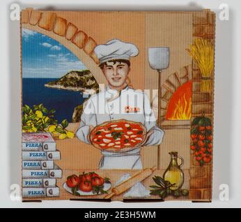 Leere, gebrauchte Pizzakisten, Imbisse, Stockfoto