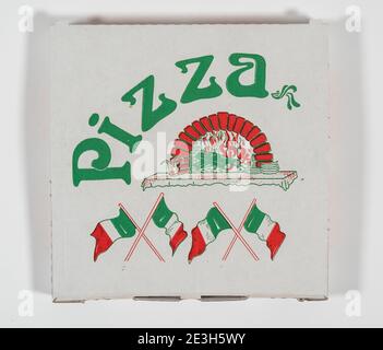 Leere, gebrauchte Pizzakisten, Imbisse, Stockfoto