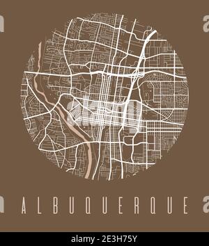 Albuquerque Kartenposter. Dekoratives Design Stadtplan von Albuquerque Stadt. Stadtbild ARIA Panorama Silhouette Luftbild, Typografie Stil. Land, Rive Stock Vektor