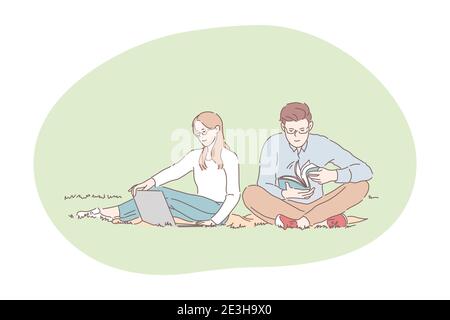 Picknick, Entspannen, Ausruhen im Park mit Buch und Laptop-Konzept. Junges glückliches Paar auf der Decke auf Gras im öffentlichen Park sitzen und entspannen mit Buch A Stock Vektor