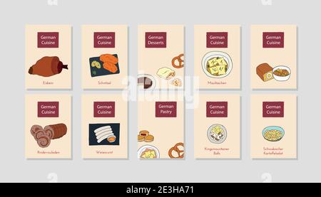 Handgezeichnetes Posterset mit deutschem Küchengericht. Design Skizzenelement für Menü Café, Bistro, Restaurant, Bäckerei und Verpackung. Vektorgrafik. Stock Vektor