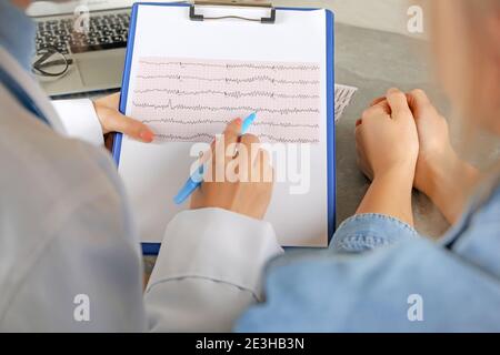 Ärztin, die die Ergebnisse des Elektrokardiogramms mit dem Patienten überprüft Stockfoto
