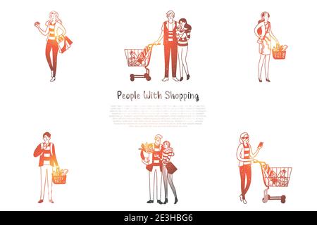 Menschen mit Einkaufen - Familien und Menschen mit Einkaufstaschen und Körben mit Einkäufen Vektor-Konzept-Set. Von Hand gezeichnete Skizze isolierte Illustration Stock Vektor