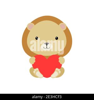 Niedliche lustige Löwe mit Herz auf weißem Hintergrund. Cartoon Tier Charakter zur Gratulation mit St. Valentinstag, Grußkarte, Einladung Stock Vektor