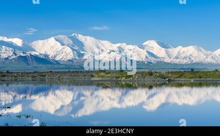 Peak PIK Lenin oder Kulai abu-ali ibn Sino und PIK Dserschinski. ALAJ-Tal vor dem Trans-Allay-Gebirge im Pamir-Gebirge. Asien Stockfoto