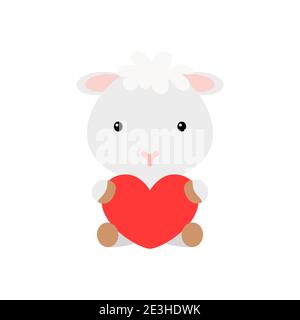 Nette lustige Schafe mit Herz auf weißem Hintergrund. Cartoon Tier Charakter zur Gratulation mit St. Valentinstag, Grußkarte, Einladung Stock Vektor