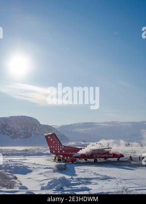 Kangerlussuaq Flughafen im Winter, Drehscheibe für alle Flüge in Grönland. Amerika, Nordamerika, Grönland Stockfoto