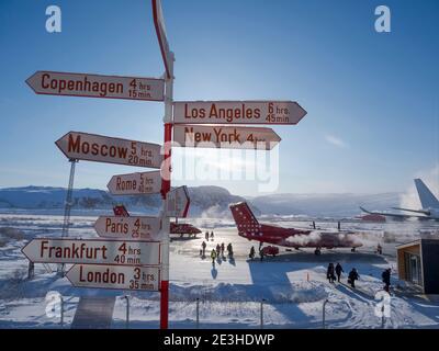 Kangerlussuaq Flughafen im Winter, Drehscheibe für alle Flüge in Grönland. Amerika, Nordamerika, Grönland Stockfoto