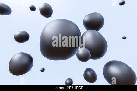 Schwarze abstrakte Blasen im Raum auf blauem Hintergrund 3d Rendern Abbildung Stockfoto