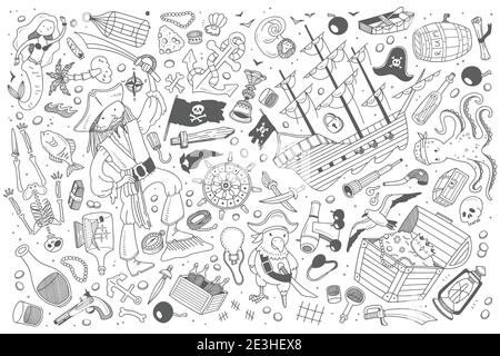 Hand gezeichnet Piraten Set Doodle Vektor Illustration Hintergrund Stock Vektor
