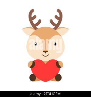Nette lustige Hirsch mit Herz auf weißem Hintergrund. Cartoon Tier Charakter zur Gratulation mit St. Valentinstag, Grußkarte, Einladung Stock Vektor