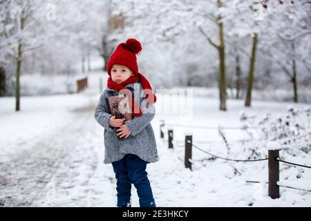 Schöne Kleinkind Kind, niedlichen Jungen, spielen in verschneiten Park Winterzeit, bewölkten Tag Stockfoto