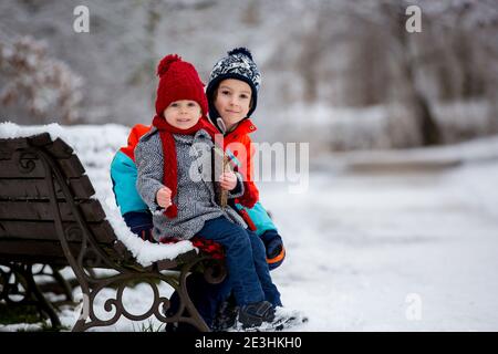 Schöne Kleinkind Kind, niedlichen Jungen, spielen in verschneiten Park Winterzeit, bewölkten Tag Stockfoto