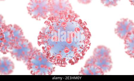 Coronavirus COVID-2019 Neues Coronavirus-Konzept, das für den Ausbruch der asiatischen Grippe verantwortlich ist. Viruszellen auf weißem Hintergrund Stockfoto