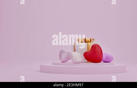 Geschenkbox und Herz auf Präsentation Podium mit rosa Hintergrund. IDE für Mutter, Valentinstag, Geburtstag, 3d-Rendering. Stockfoto