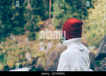 Eins mit der Natur. Rückansicht der unkenntlich Frau Blick auf Wald und Wasserfall Stockfoto