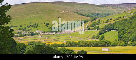 Weitblick auf das Dorf und Heuwiesen von Gunnerside, Swaledale, Yorkshire, im Sommer. Stockfoto