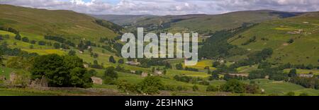 Weitblick auf das Dorf und Heuwiesen von Gunnerside, Swaledale, Yorkshire, im Sommer. Stockfoto