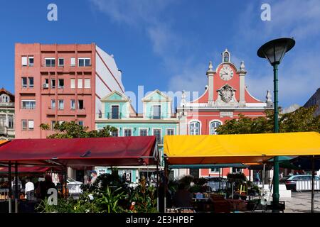 Obst- und Gemüsestände auf dem täglichen Bauernmarkt, ehemaliges Rathaus dahinter, Platz der Republik, Caldas da Rainha, Estremadura, Portugal Stockfoto