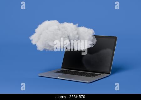 Eine Cloud über einen Laptop. Cloud-Service, Sicherheitsspeicher. Sicherung. Sichere Daten. Drahtloses Kommunikationsnetzwerk, IoT ICT Information Communication Technolo Stockfoto