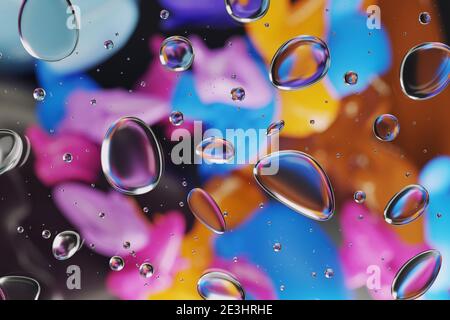 3D Illustration einer Gruppe von Tropfen auf Glas mit buntem und unscharfem Hintergrund. Hochwertige 3d-Illustration Stockfoto