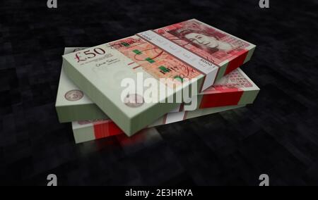 3D-Illustration für Pfund Sterling Money Pack. 50 GBP Banknote Bundle Stacks. Konzept der Finanzen, Bargeld, Wirtschaftskrise, Geschäftserfolg, Rezession, Bank, Stockfoto