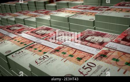 3D-Illustration für Pfund Sterling Money Pack. 50 GBP Banknote Bundle Stacks. Konzept der Finanzen, Bargeld, Wirtschaftskrise, Geschäftserfolg, Rezession, Bank, Stockfoto