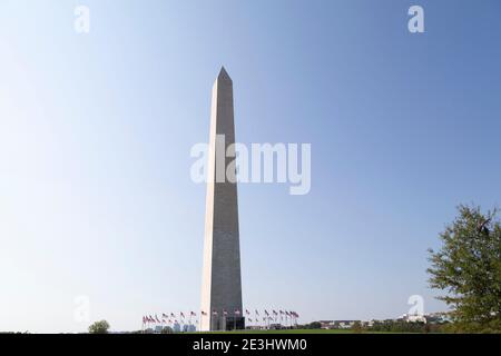 Washington Monument in Washington DC. Der 555 Meter hohe Obelisk erinnert an George Washington, den ersten Präsidenten der Vereinigten Staaten von Amerika. Stockfoto