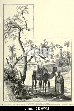 EL MEJDEL, DAS URALTE MIGDOL [Ashkelon oder Ashkelon]. Ein wichtiges Dorf mit fünfzehnhundert Einwohnern. Die Moschee und das hohe Minarett sind aus alten Materialien gebaut. Hier findet eine Wochenmesse statt. Holzstich von 'Picturesque Palestine, Sinai and Egypt' von Wilson, Charles William, Sir, 1836-1905; Lane-Poole, Stanley, 1854-1931 Band 3. Veröffentlicht in von J. S. Virtue and Co 1883 Stockfoto