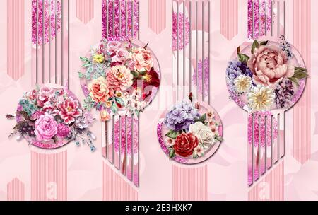 3d Wandbild Illustration Tapete Multi Farben Blumen mit Linien. Moderne abstrakte Hintergrund für Wandkunst Stockfoto