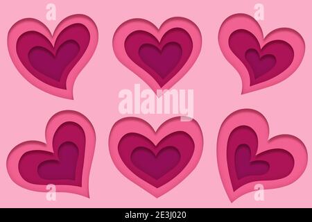 Set von sechs verschiedenen schönen rosa Herzen in Papierkunst Stil für Glückwunschkarten für Hochzeit und Valentinstag. Set von Symbolen mit Herzen. Papier Stockfoto