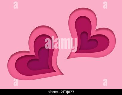 Zwei schöne rosa Herzen in einem Papier Handwerk Kunst Stil. Valentinskarte. Legen Sie für die Papieranwendung die Herzen fest. Herzförmige Symbole für Valentinstag Stockfoto