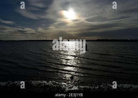 Alleinfliegenfischen in Watvögeln bei Grapham Water in Bedfordshire. Stockfoto