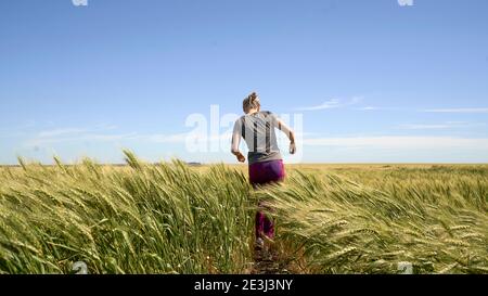 Laufen im Weizen Junges Mädchen, das im Spätsommer durch Weizenfeld läuft. Stockfoto